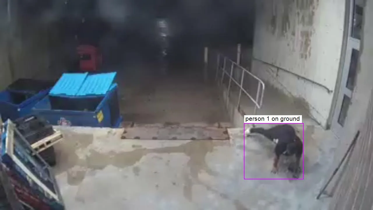 Person on the ground identified by IntelliSee beside an exterior stairway