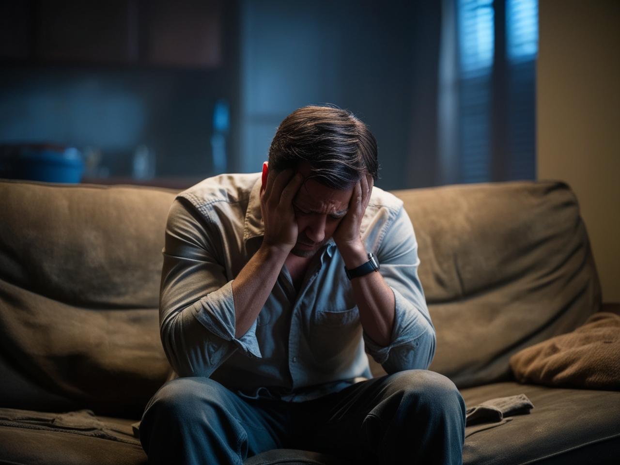 Man holding head in hands, stressed due to economic results of the tariffs and trade war.