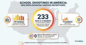 A data visualization graphic titled "School Shootings in America: 2025 Data Overview (Varying Definitions)." The central figure shows 233 total K-12 incidents according to the K-12 School Shooting Database, which includes any time a gun is brandished or fired. To the left, Everytown for Gun Safety reports 159 incidents of gunfire on school grounds. To the right, CNN Analysis reports 75 incidents involving injuries or deaths. At the bottom, the PBS News / AP / USA Today Database reports 0 mass killings (defined as 4 or more deaths) in K-12 schools for 2025. The graphic includes icons for a school, a shield, and a calendar, and concludes with a note that while the overall trend is decreasing, definitions vary widely between sources.